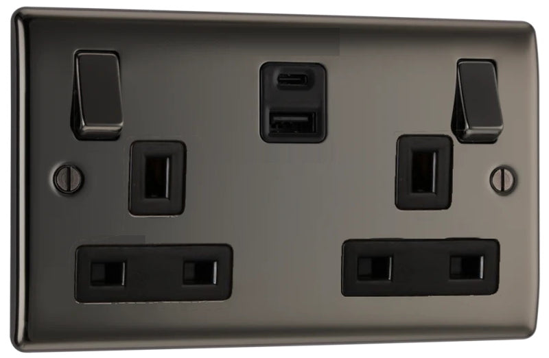 2 gang Double Pole Switched Socket with 1 x USB Type A Quick Charge + 1 x USB Type C - Black Nickel