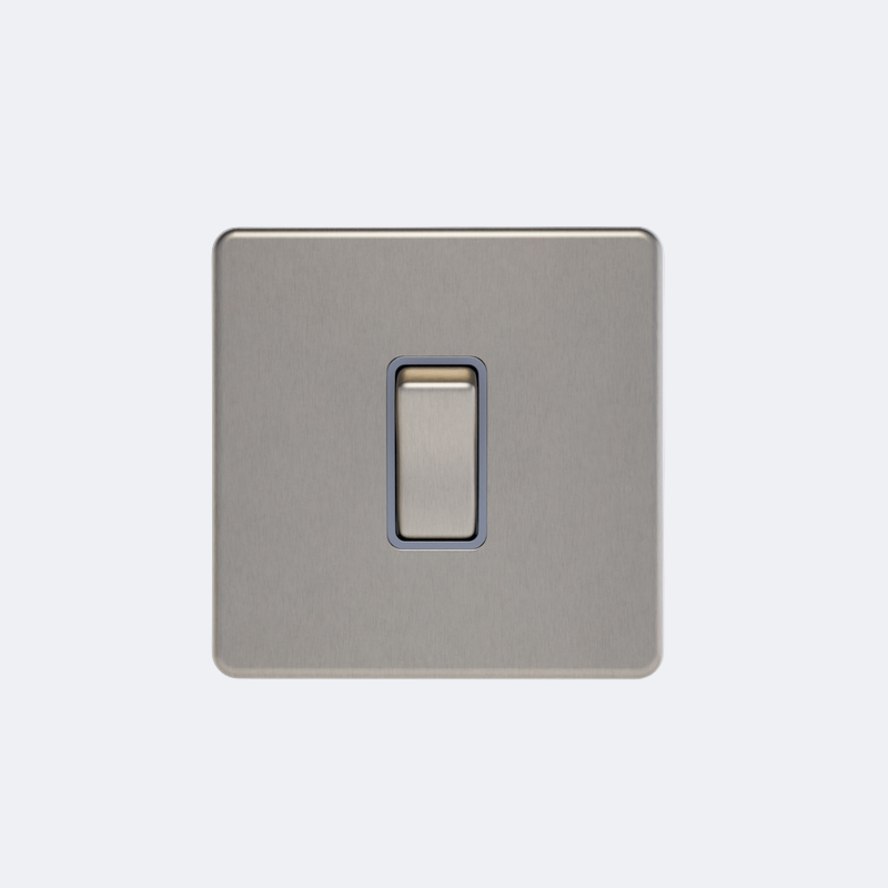 single screwless intermediate 10A switch in brushed steel with grey inserts