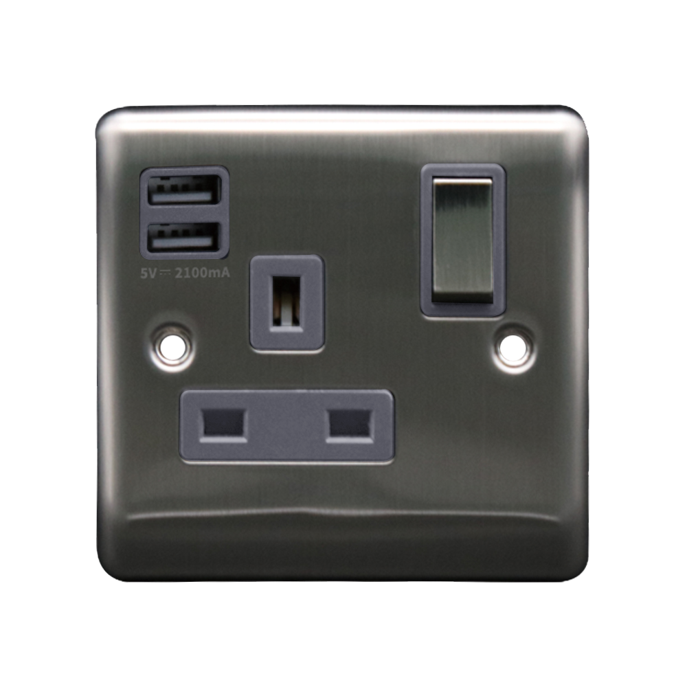 Caradok 1G 13A Switched Socket 2 USB A 2.1A Brushed Chrome Grey Insert
