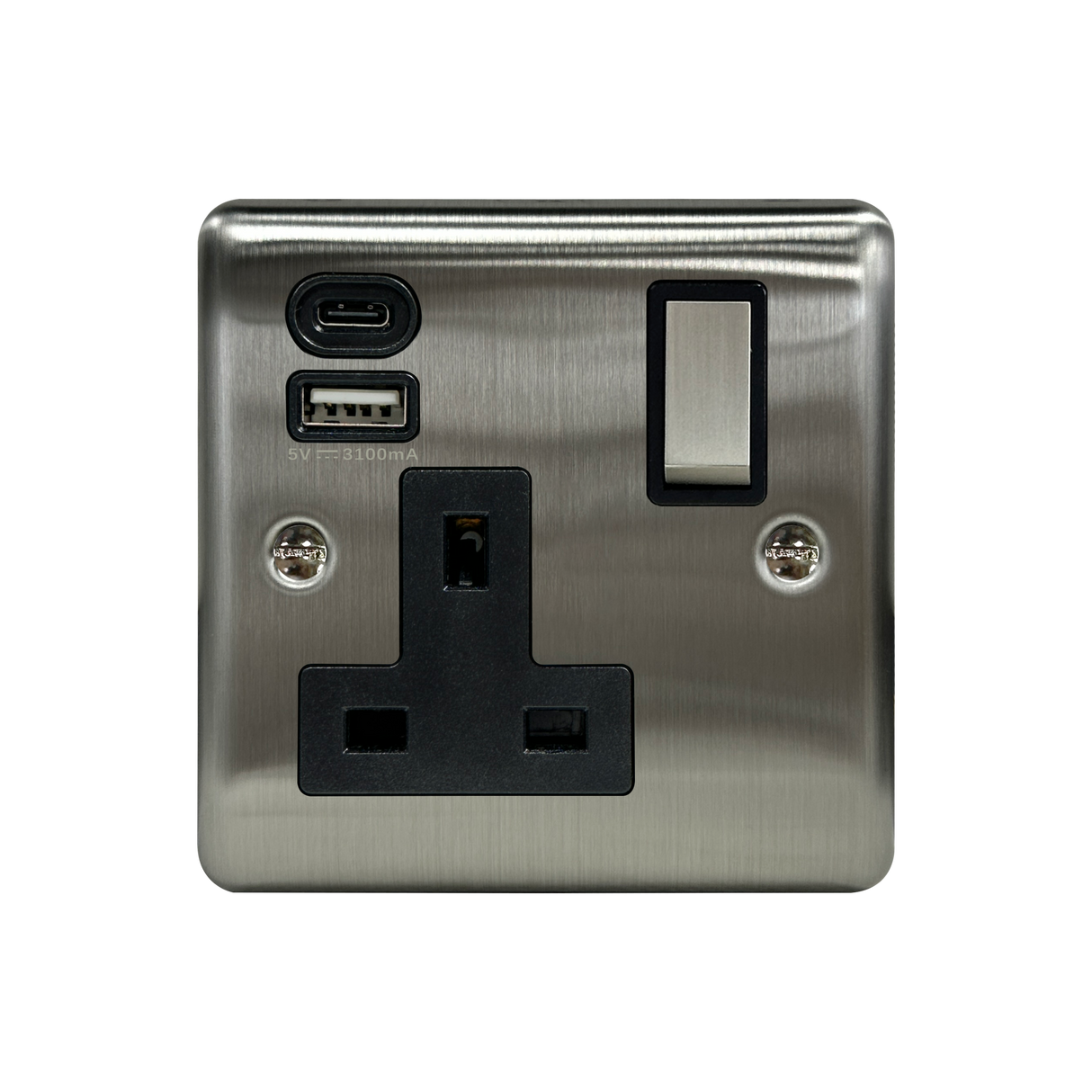 Caradok 1G 13A Switched Socket USB A + C Brushed Chrome Black Insert