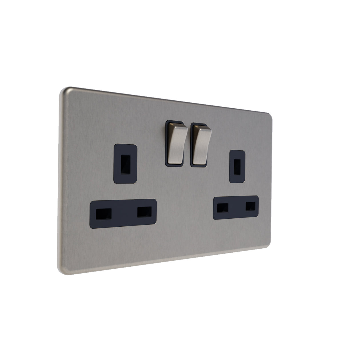 Caradok - The Flat - Screwless 13A 2G DP Switched Socket Metal Brushed Chrome With Black Inserts