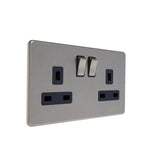 Caradok - The Flat - Screwless 13A 2G DP Switched Socket Metal Brushed Chrome With Black Inserts