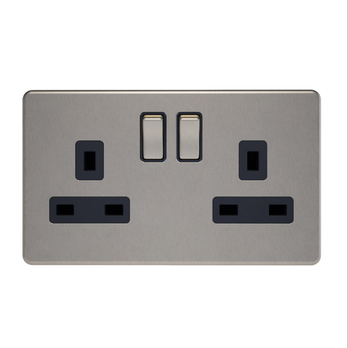 Caradok - The Flat - Screwless 13A 2G DP Switched Socket Metal Brushed Chrome With Black Inserts