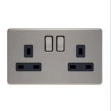 Caradok - The Flat - Screwless 13A 2G DP Switched Socket Metal Brushed Chrome With Black Inserts