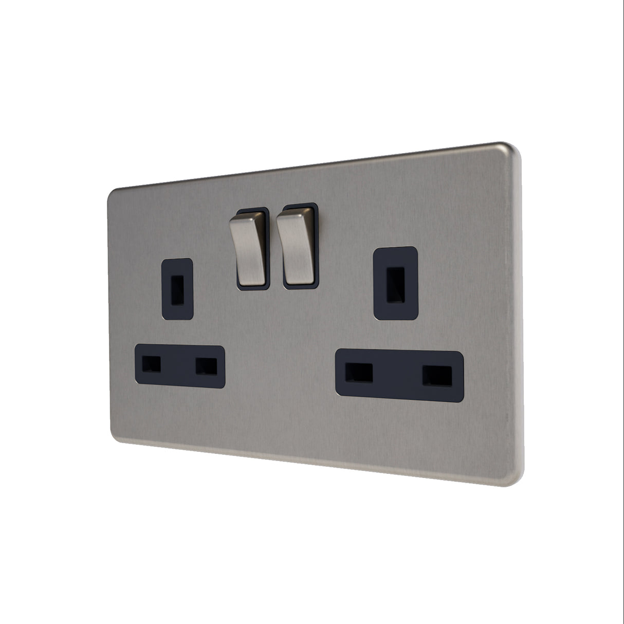 Caradok - The Flat - Screwless 13A 2G DP Switched Socket Metal Brushed Chrome With Black Inserts