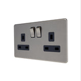 Caradok - The Flat - Screwless 13A 2G DP Switched Socket Metal Brushed Chrome With Black Inserts