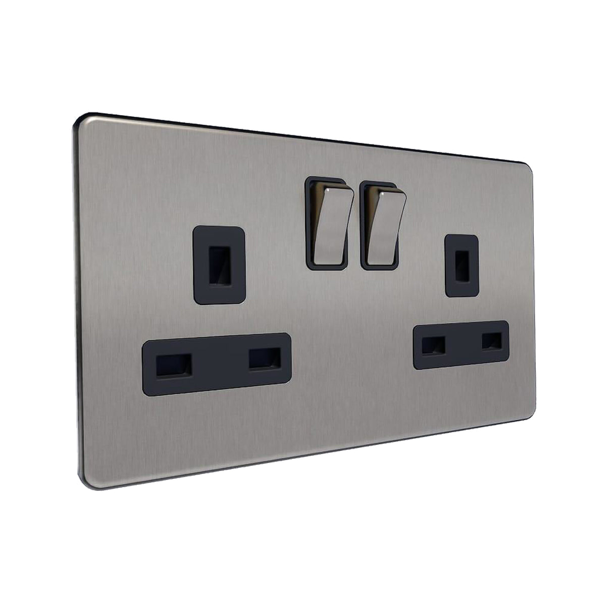 Caradok - The Flat - Screwless 13A 2G DP Switched Socket Metal Brushed Chrome With Black Inserts