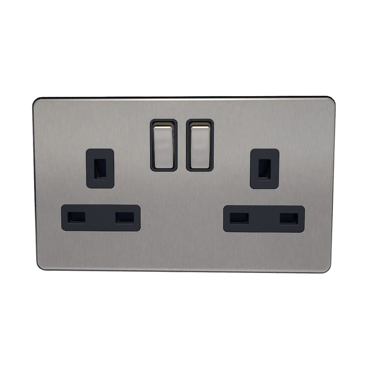 Caradok - The Flat - Screwless 13A 2G DP Switched Socket Metal Brushed Chrome With Black Inserts