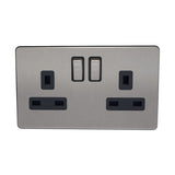 Caradok - The Flat - Screwless 13A 2G DP Switched Socket Metal Brushed Chrome With Black Inserts