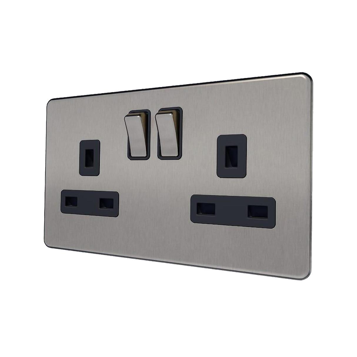 Caradok - The Flat - Screwless 13A 2G DP Switched Socket Metal Brushed Chrome With Black Inserts