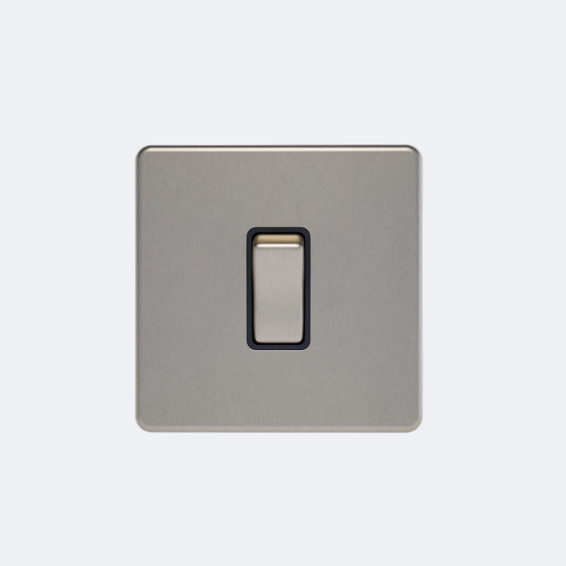 single screwless 20A switch in brushed steel with black inserts