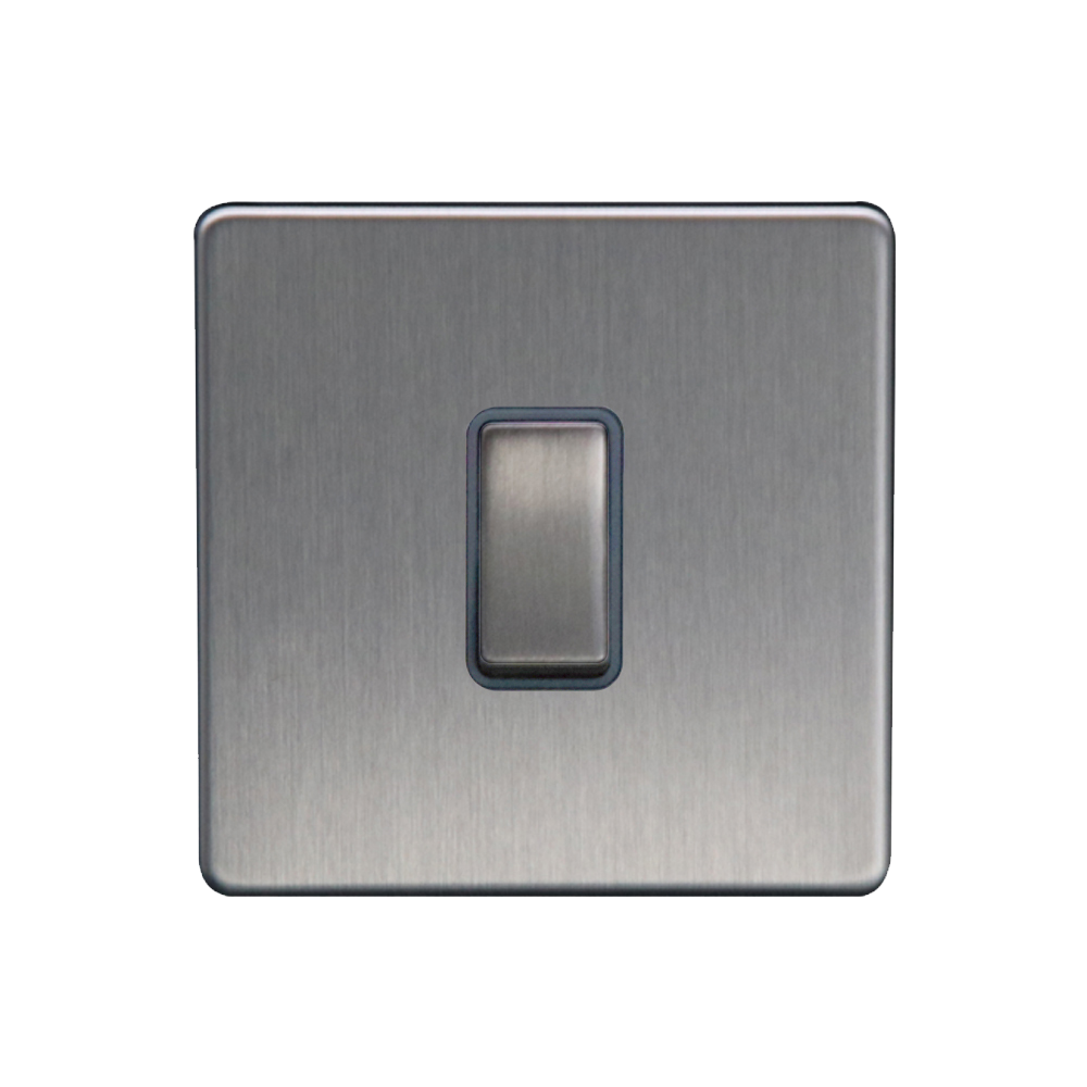 Caradok - The Flat - Screwless 1G Intermediate 10A Switch Brushed Chrome Grey Insert