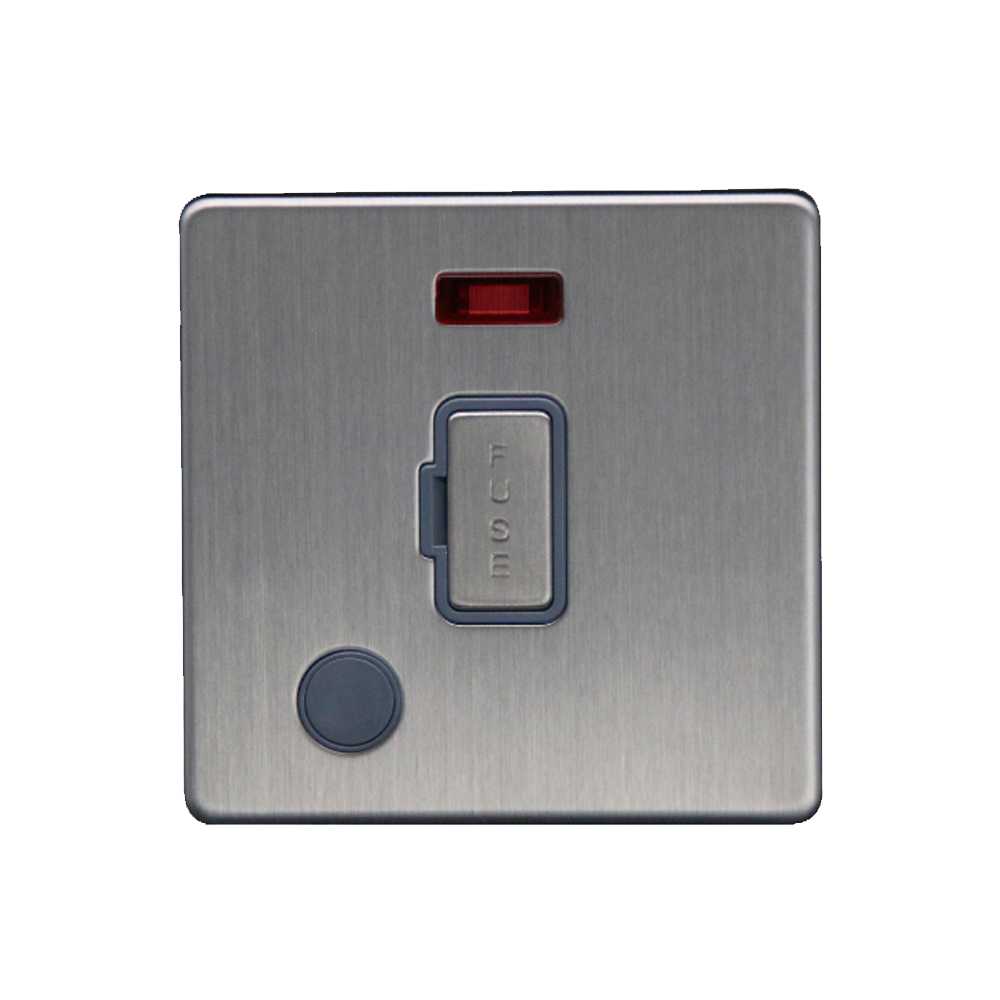 Caradok - The Flat - Screwless 13A Unswitched Spur c/w Neon + FO Brushed Chrome Grey Insert