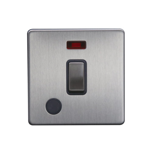 Caradok - The Flat - Screwless 20A DP Switch c/w Neon + FO Brushed Chrome Grey Insert
