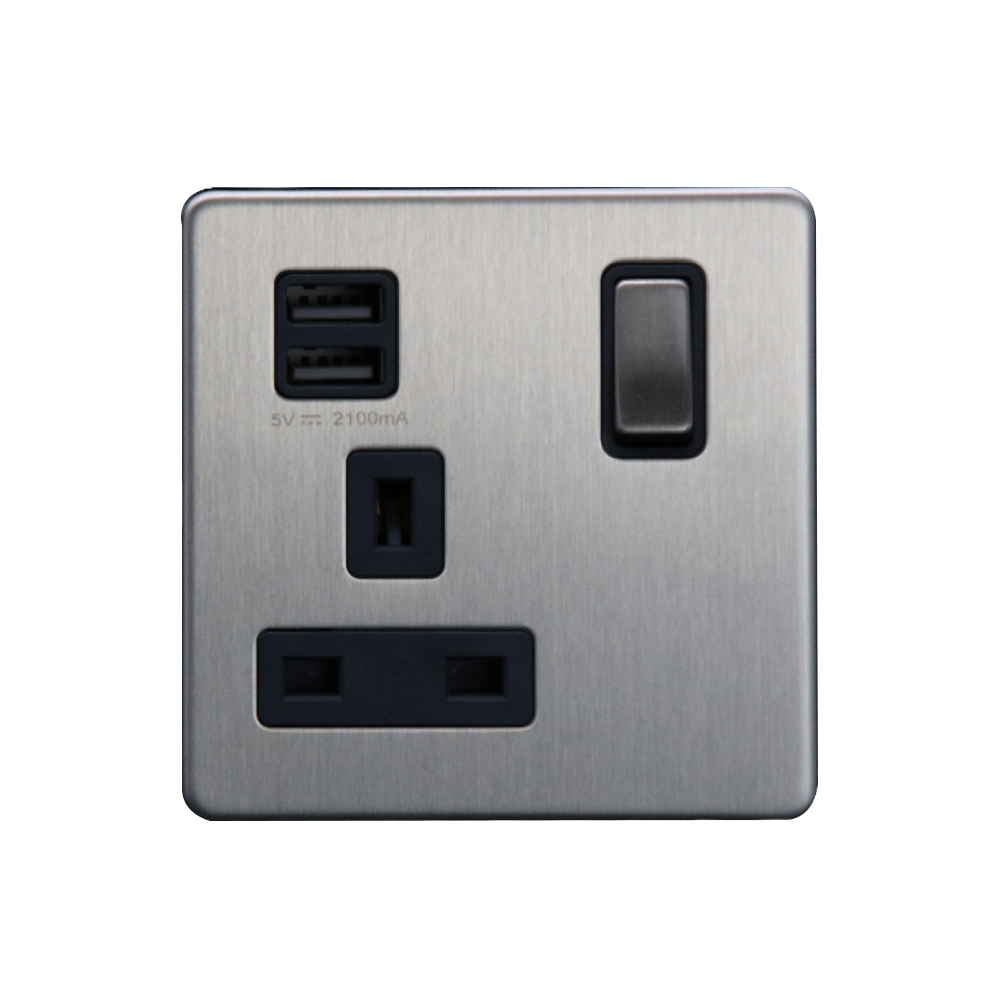 Caradok - The Flat - Screwless 1G 13A Switched Socket 2 USB A 2.1A Brushed Chrome Black