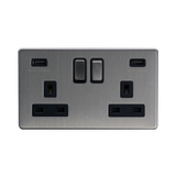 Caradok - The Flat - Screwless 2G 13A Switched Socket 2 USB A 3.1A Brushed Chrome Black