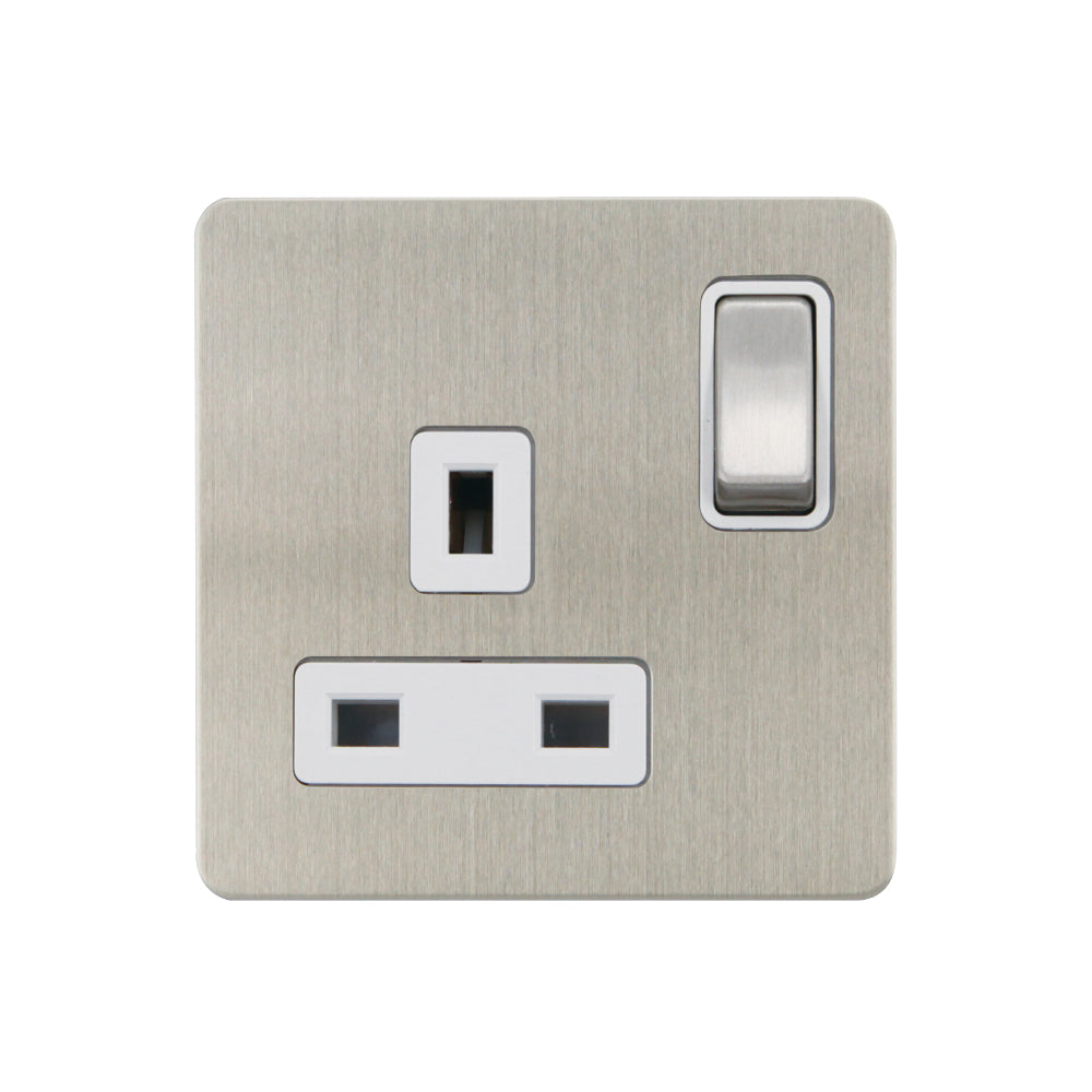 Caradok - The Ultra Flat - Screwless 13a 1G DP Switched Socket Metal Brushed Chrome With White Inserts