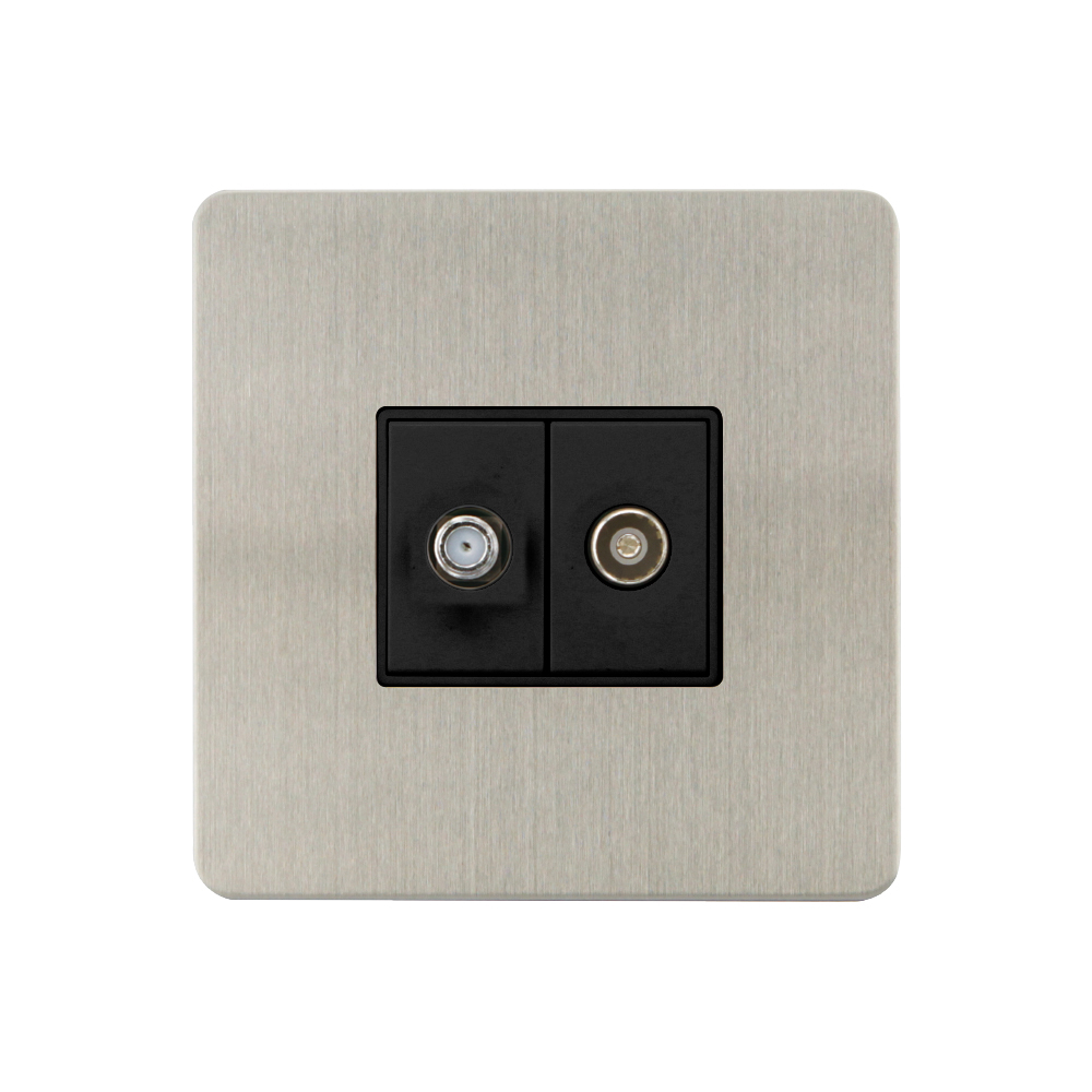 Caradok - The Ultra Flat - Brushed Chrome - FN170DME - Satellite Socket + Coaxial Socket Brushed Chrome, Black Insert