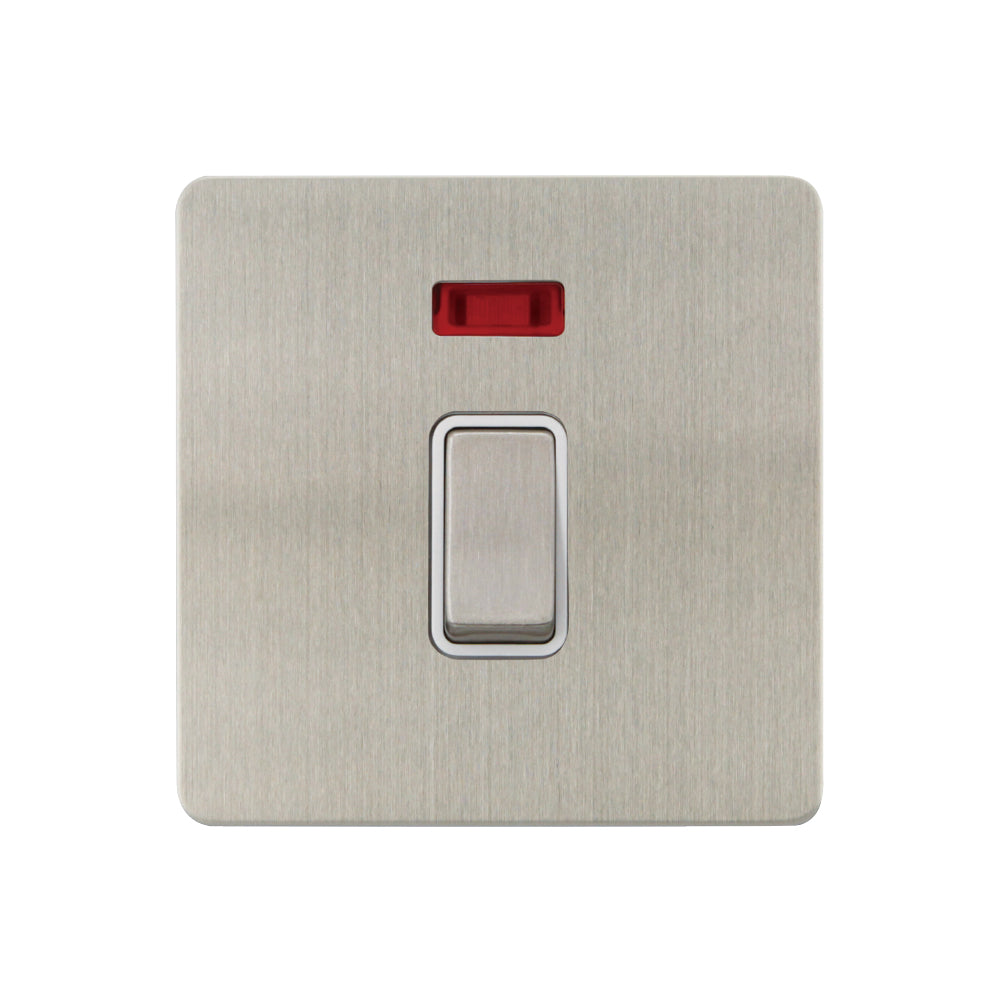 Caradok - The Ultra Flat - Brushed Chrome - FN201DMF - 20A DP Switch c/w Neon Brushed Chrome, White Insert