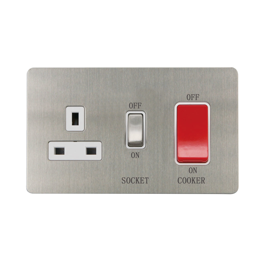Caradok - The Ultra Flat - Brushed Chrome - FN208DMF - 45A Cooker Control Unit Brushed Chrome, White Insert