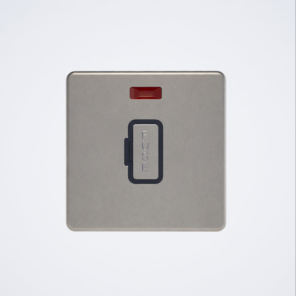 screwless 13A unswitched spur with neon in brushed steel with black inserts