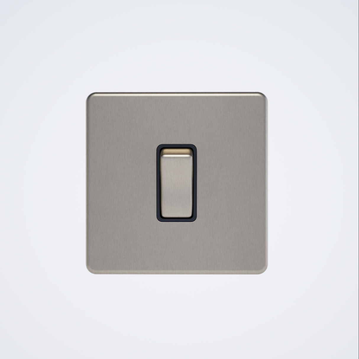 single screwless light switch in brushed steel with black inserts