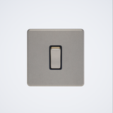 single screwless light switch in brushed steel with black inserts