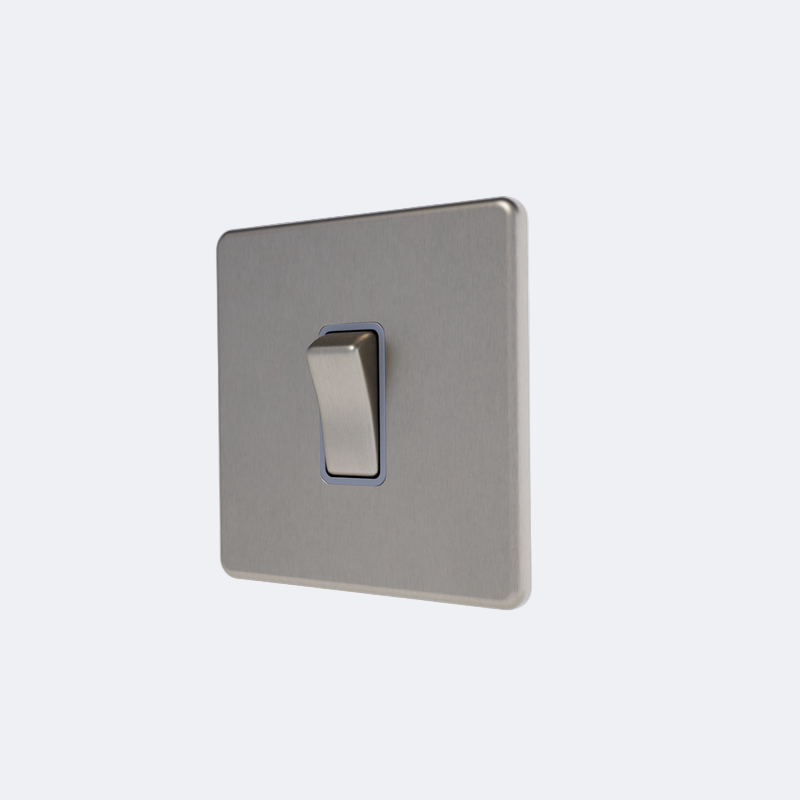 single screwless intermediate 10A switch in brushed steel with grey inserts