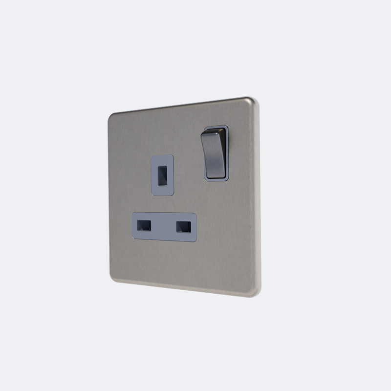single screwless switches sockets in brushed steel with grey inserts