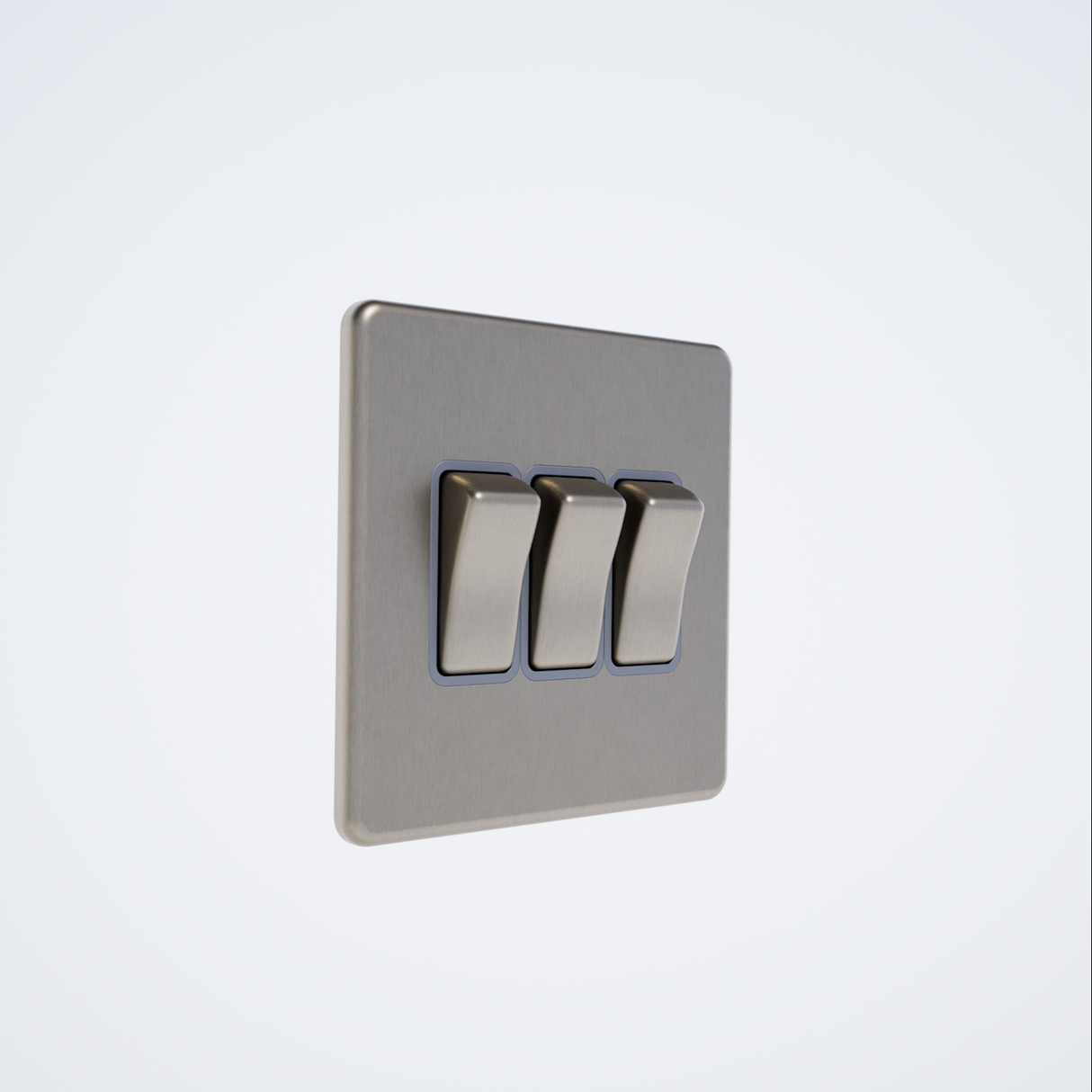 triple light switch in brushed steel with grey inserts