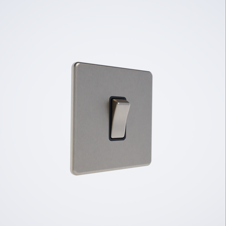 single screwless light switch in brushed steel with black inserts