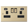Selectric 5M Satin Brass 2 Gang 13A Switched Socket with USB Outlets and Black Insert