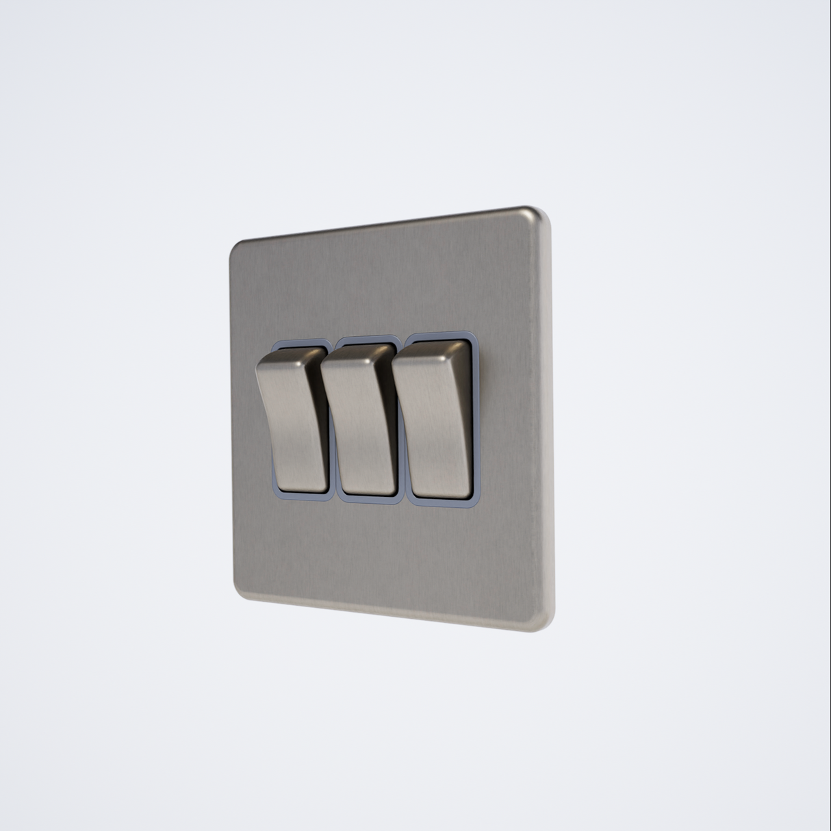 triple light switch in brushed steel with grey inserts