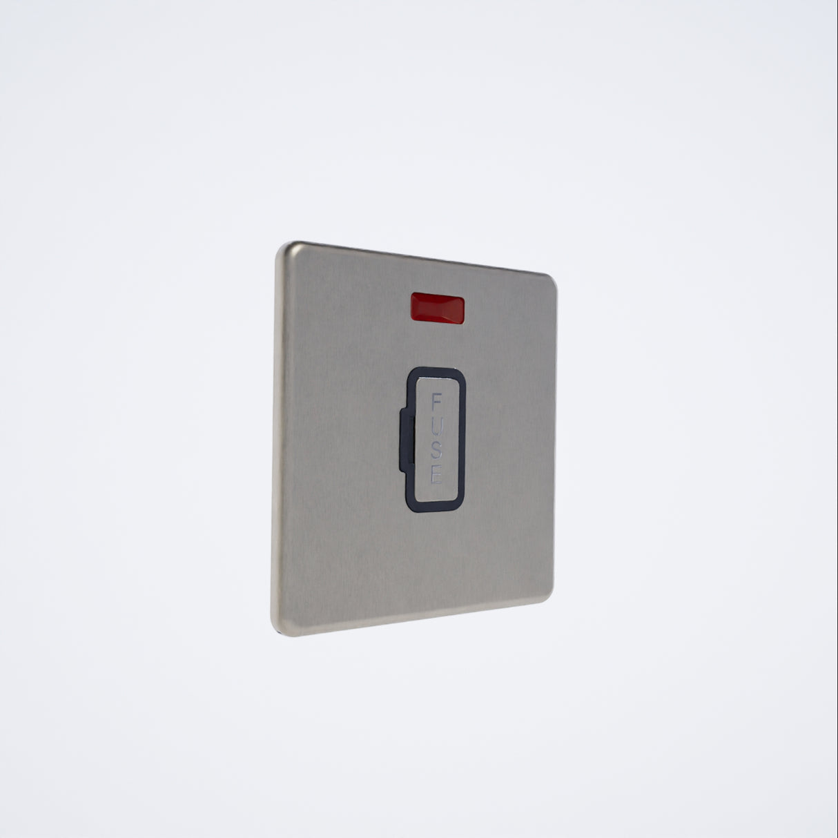 screwless 13A unswitched spur with neon in brushed steel with black inserts