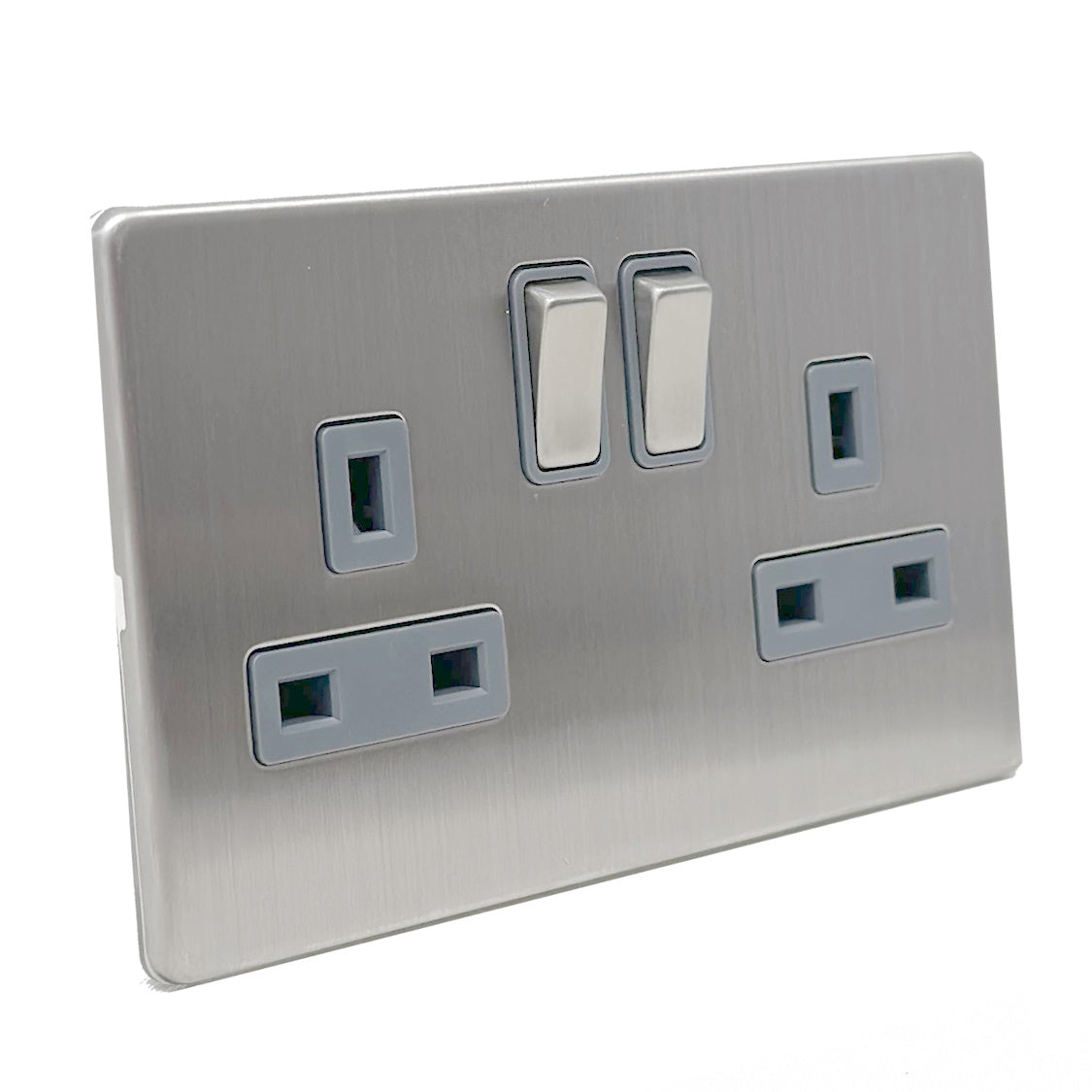 Caradok - The Flat - Screwless 13A 2G DP Switched Socket Brushed Chrome Grey Insert