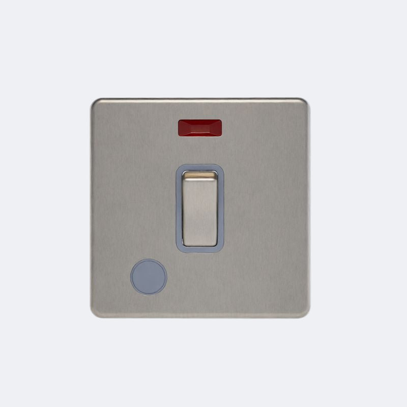 single screwless 20A switch with neon light + fo in brushed steel with grey inserts Brushed Chrome Grey Insert