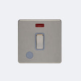 single screwless 20A switch with neon light + fo in brushed steel with grey inserts Brushed Chrome Grey Insert