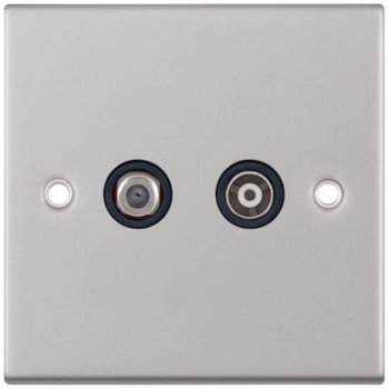 Selectric 5M Satin Chrome 2 Gang Satellite and TV/FM Socket with Black Insert