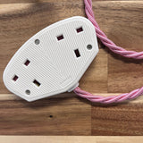 Pink Braided Fabric Decorative Extension Lead - 2 Gang White Trailing Socket