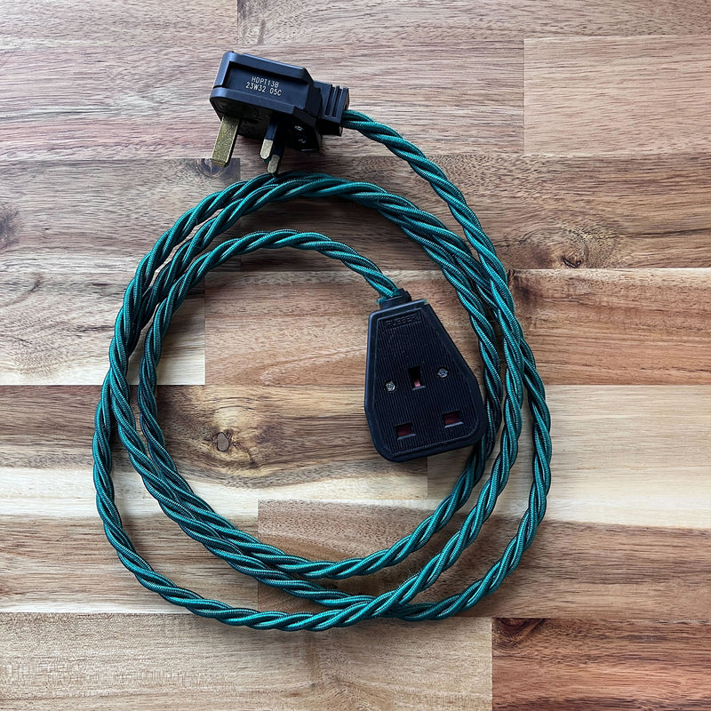 Green Braided Fabric Decorative Extension Lead - Black 1 Gang Trailing Socket