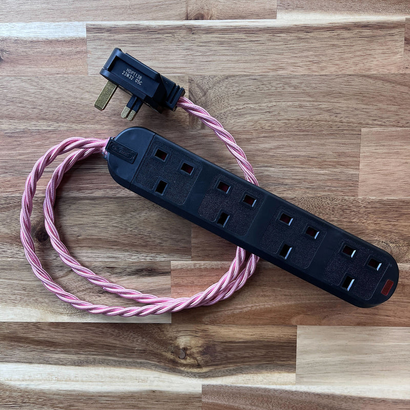 Pink Braided Fabric Decorative Extension Lead - Black 4 Gang Trailing Socket