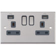 Selectric 7M-Pro Satin Chrome 2 Gang 13A Switched Socket with USB Outlet and Grey Insert
