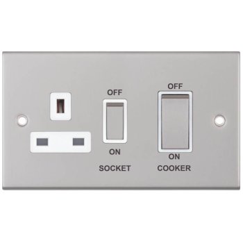 Selectric 5M Satin Chrome 45A DP Switch and 13A Switched Socket with White Insert