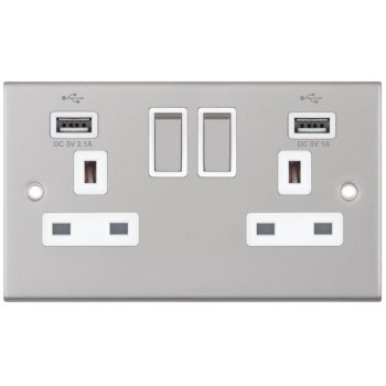 Selectric 5M Satin Chrome 2 Gang 13A Switched Socket with USB Outlet and White Insert