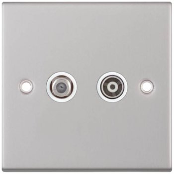 Selectric 5M Satin Chrome 2 Gang Satellite and TV/FM Socket with White Insert