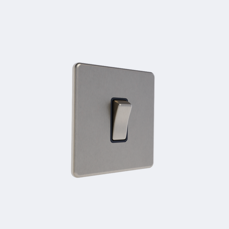 single screwless 20A switch in brushed steel with black inserts