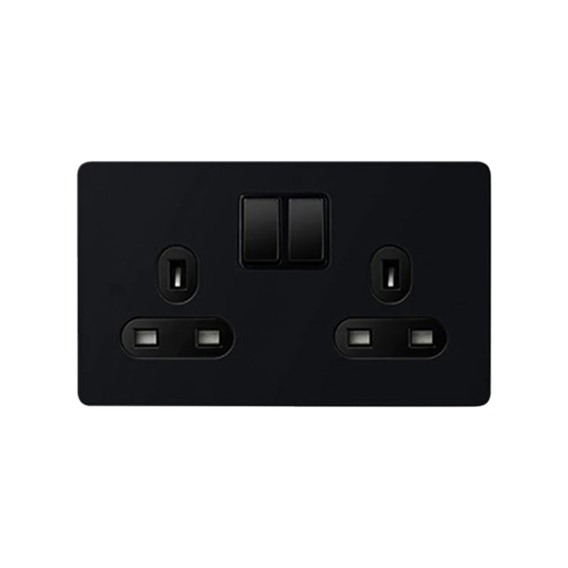 Caradok Matt Black Metal Screwless 2 Gang Plug Socket Black Inserts Caradok Matt Black Metal Screwless 2 Gang Plug Socket Black Inserts