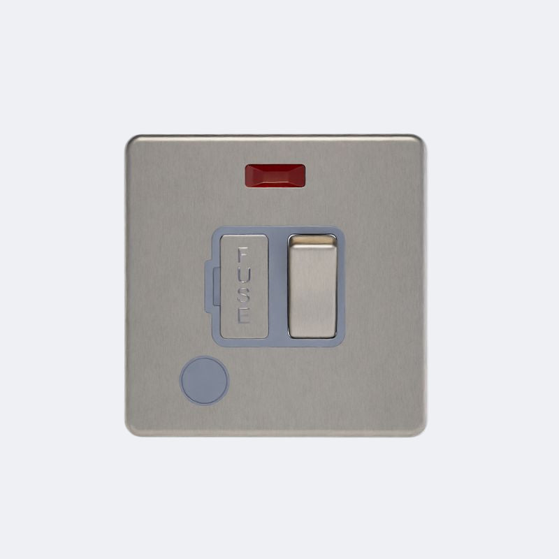 screwless 13A switched spur with neon light + f/o in brushed steel with grey inserts