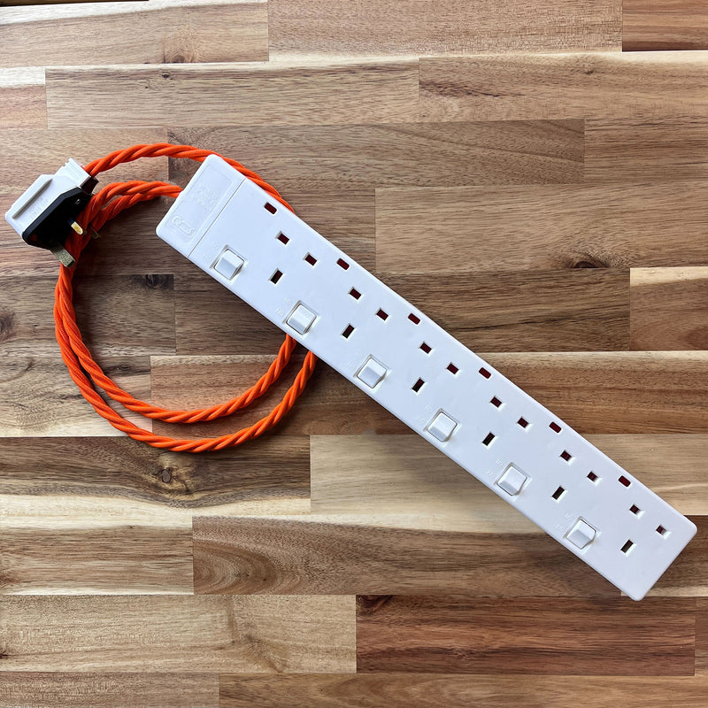 Orange / Pink / Red Braided Fabric Decorative Extension Lead - White 6 Gang Switched Trailing Socket