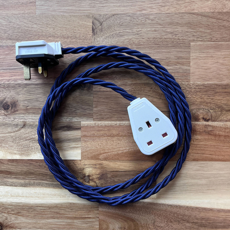 Blue / Purple Braided Fabric Decorative Extension Lead - White 1 Gang Trailing Socket